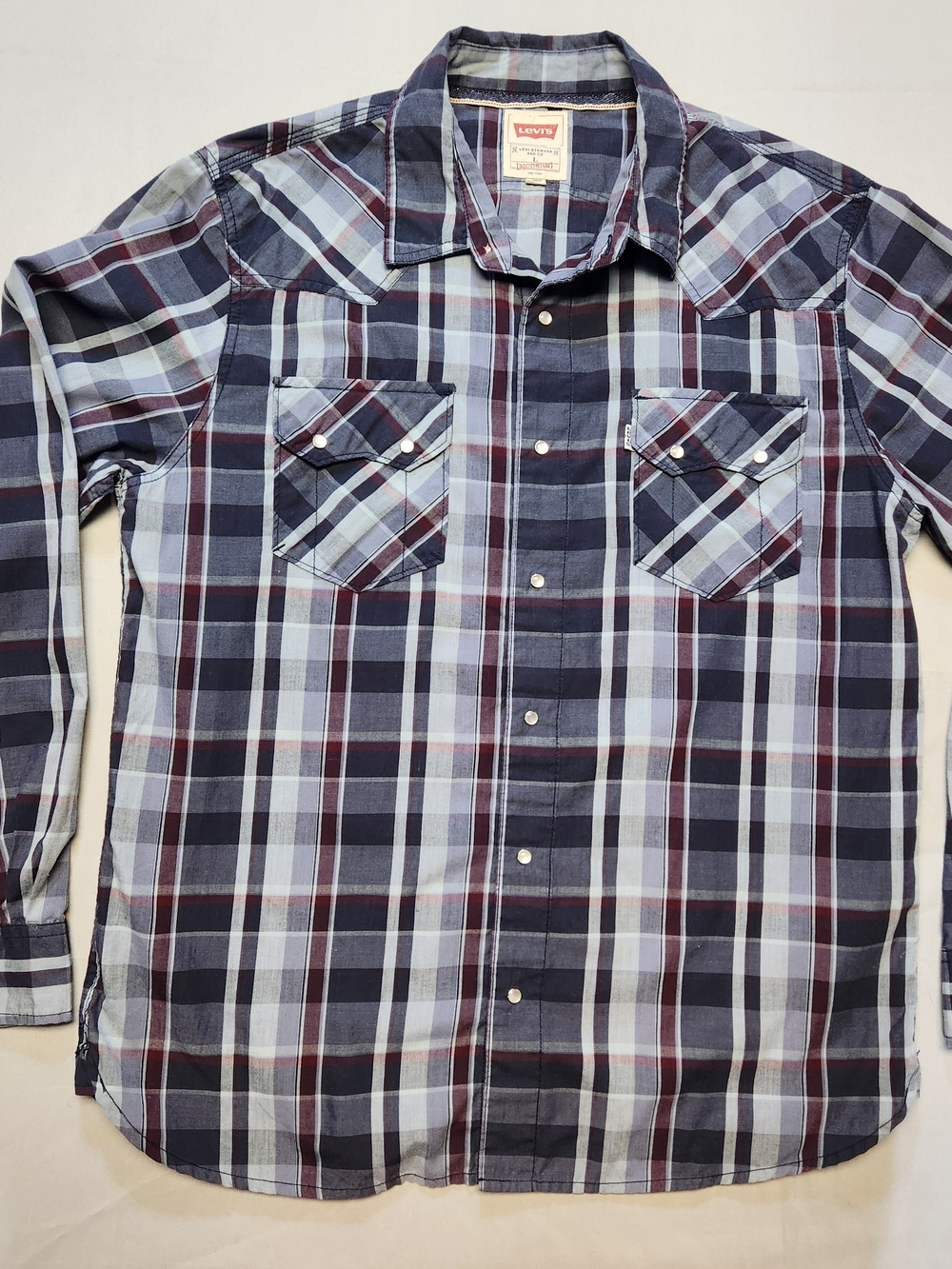 Levi’s Pearl Snap Button Western Shirt Mens L Plaid Long Sleeve Cowboy Sawtooth